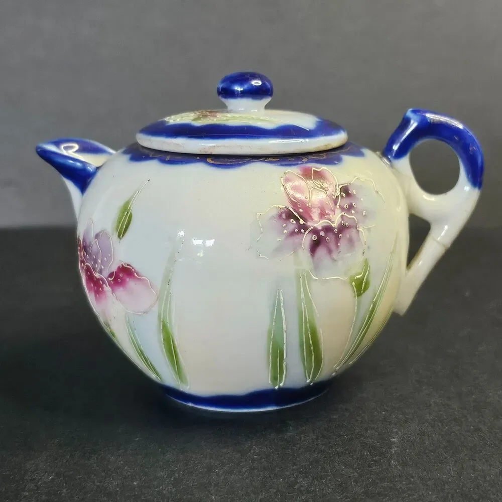 Vintage Japanese Nippon Teapot Cobalt Rimmed Blue Pink Floral Repaired